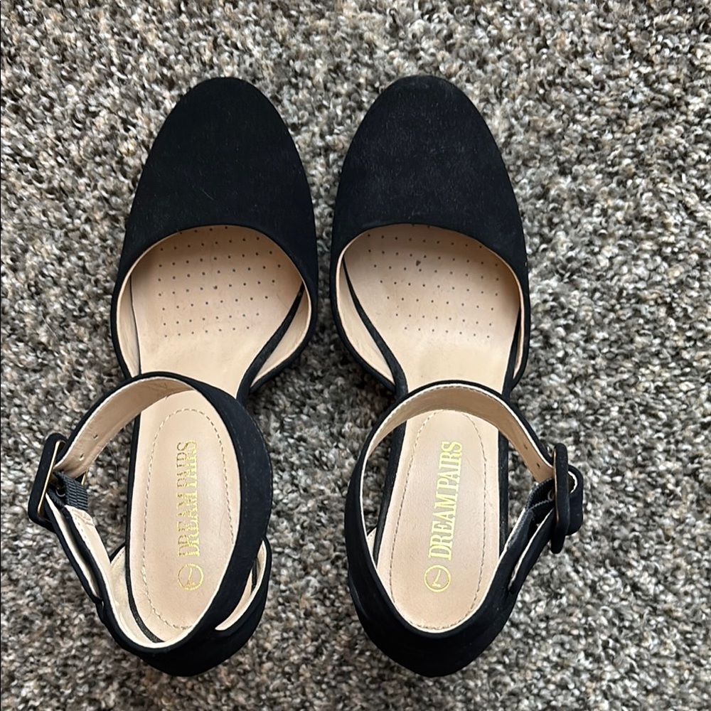 Women's Black Suede Ankle Strap chunky Heel comfort